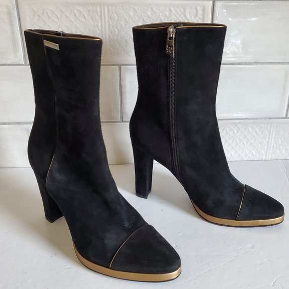NWOT Franco Paolucci Italy 39 Old Money Mob Wife Suede Metallic Heeled Boots - Picture 1 of 12